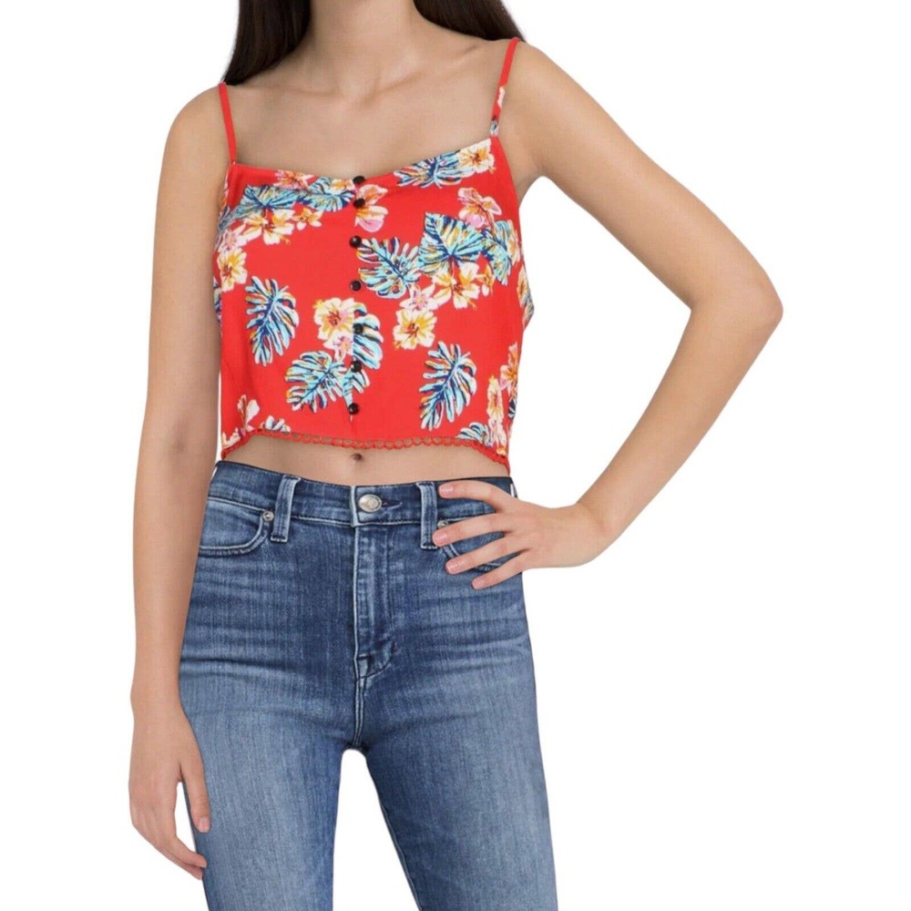 Sadie & Sage Womens Floral Crochet Trim Crop Top Medium New‎